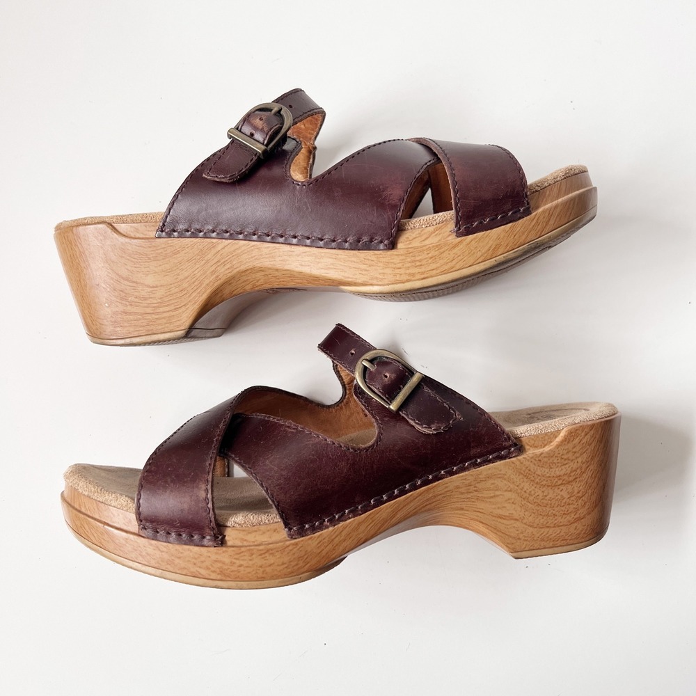 Vintage Dansko Leather Clog Sandals‎ 41 10.5-11 Brown Wedge Platform Chunky Boho - Picture 3 of 8